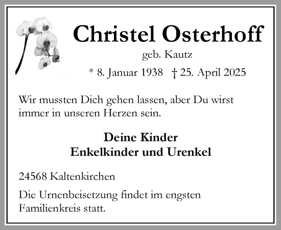 Traueranzeige von Christel Osterhoff von Umschau
