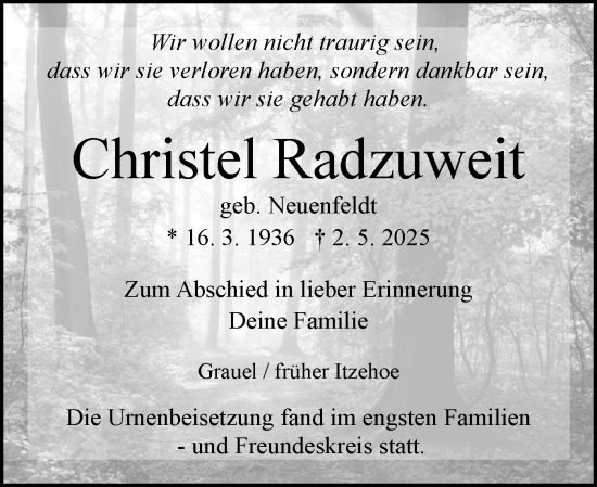 Traueranzeige von Christel Radzuweit von Norddeutsche Rundschau, Wilstersche Zeitung, Glückstädter Fortuna