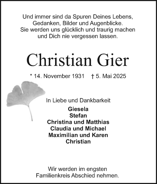 Traueranzeige von Christian Gier von Holsteinischer Courier