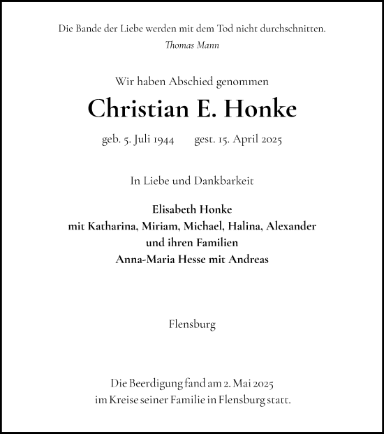Traueranzeige von Christian Honke von Flensburger Tageblatt