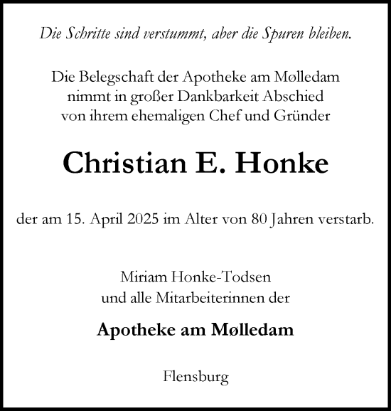 Traueranzeige von Christian Honke von Flensburger Tageblatt