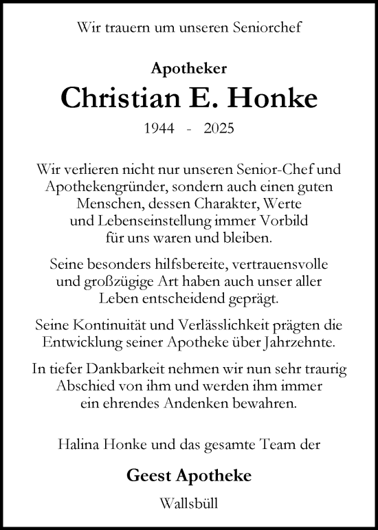 Traueranzeige von Christian Honke von Flensburger Tageblatt