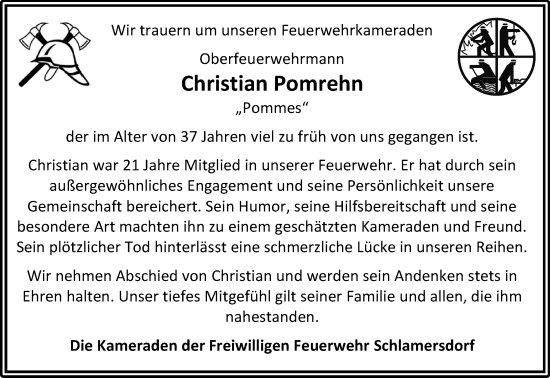 Traueranzeige von Christian Pomrehn von MARKT Bad Oldesloe/Reinfeld und Stormarner Tageblatt
