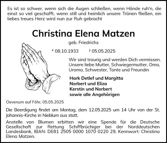 Traueranzeige von Christina Elena Matzen von Der Insel-Bote