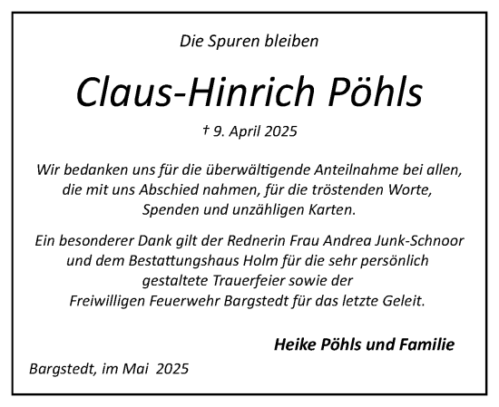 Traueranzeige von Claus-Hinrich Pöhls von Schleswig-Holsteinische Landeszeitung