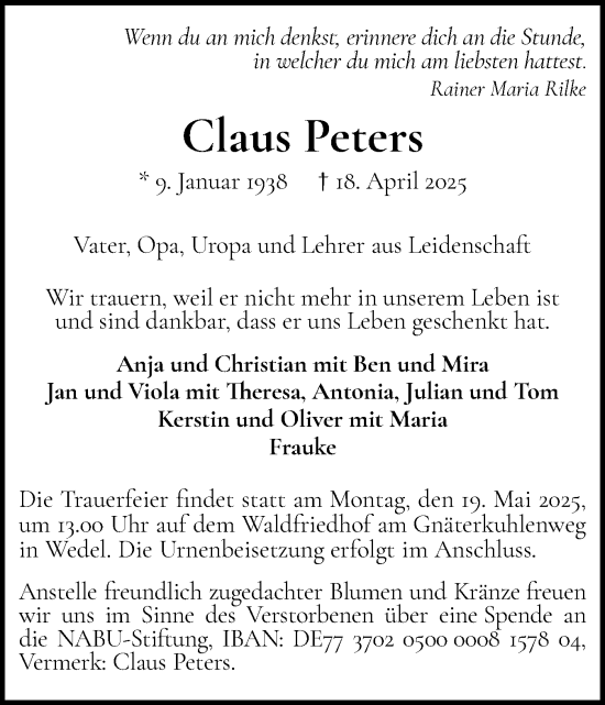 Traueranzeige von Claus Peters von Wedel-Schulauer Tageblatt, tip Wedel-Schulauer Tageblatt, tip Rissener Rundschau