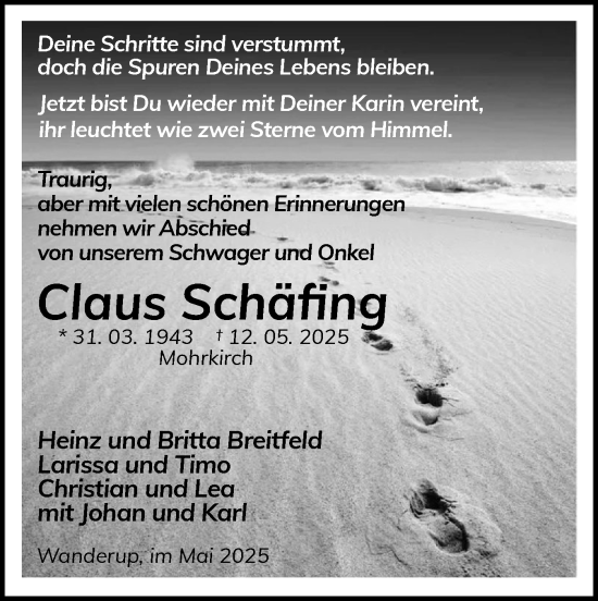 Traueranzeige von Claus Schäfing von Flensburger Tageblatt, Schleswiger Nachrichten, Schlei-Bote