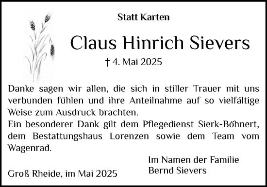 Traueranzeige von Claus Hinrich Sievers von Schleswiger Nachrichten, Schlei-Bote