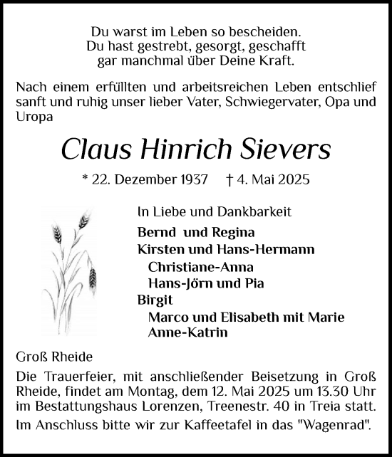 Traueranzeige von Claus Hinrich Sievers von Schleswig-Holsteinische Landeszeitung