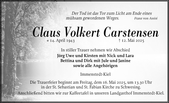 Traueranzeige von Claus Volkert Carstensen von Husumer Nachrichten, Nordfriesland Tageblatt