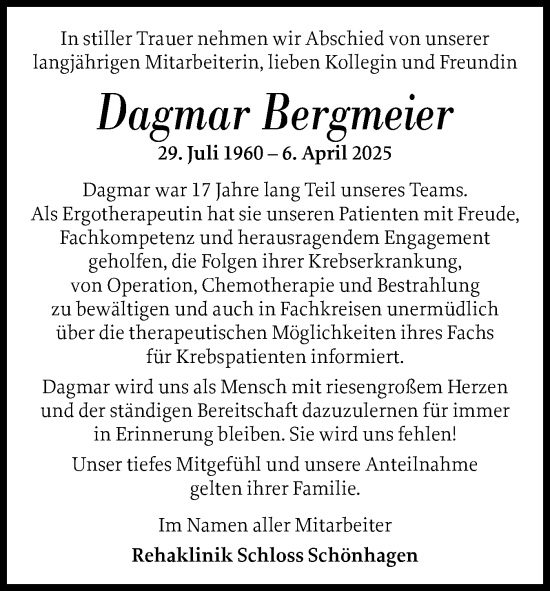 Traueranzeige von Dagmar Bergmeier von Schleswiger Nachrichten, Schlei-Bote, Eckernförder Zeitung
