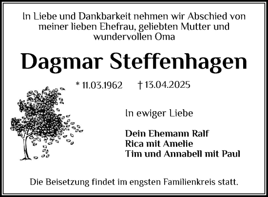Traueranzeige von Dagmar Steffenhagen von Norddeutsche Rundschau, Wilstersche Zeitung, Glückstädter Fortuna