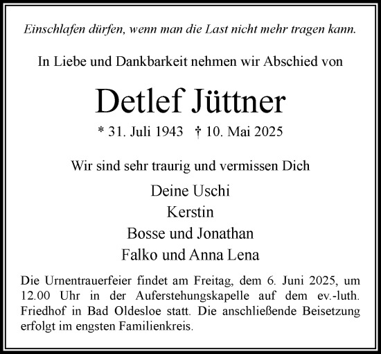 Traueranzeige von Detlef Jüttner von MARKT Bad Oldesloe/Reinfeld und Stormarner Tageblatt