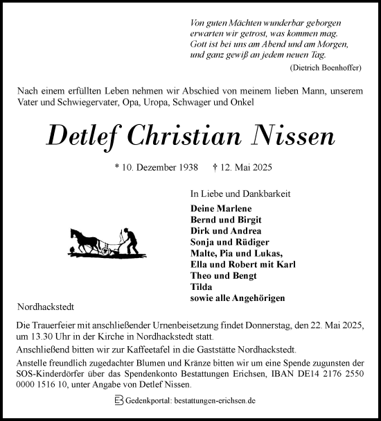 Traueranzeige von Detlef Christian Nissen von Flensburger Tageblatt