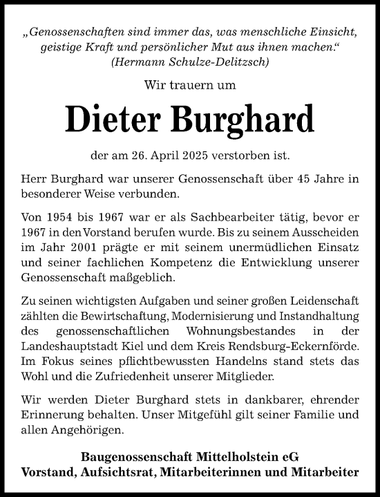 Traueranzeige von Dieter Burghard von Schleswig-Holsteinische Landeszeitung
