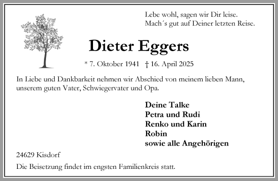 Traueranzeige von Dieter Eggers von Umschau