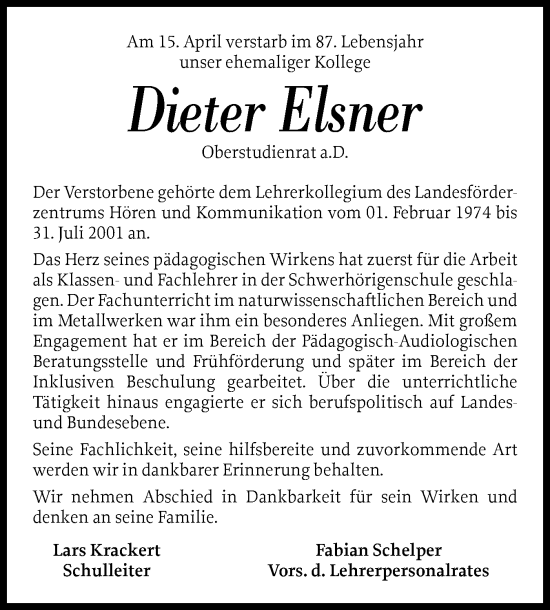 Traueranzeige von Dieter Elsner von Schleswiger Nachrichten, Schlei-Bote