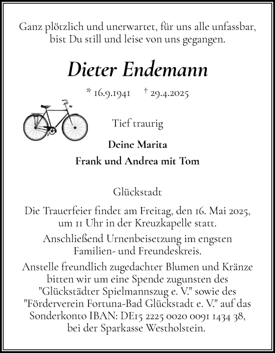 Traueranzeige von Dieter Endemann von Norddeutsche Rundschau, Wilstersche Zeitung, Glückstädter Fortuna