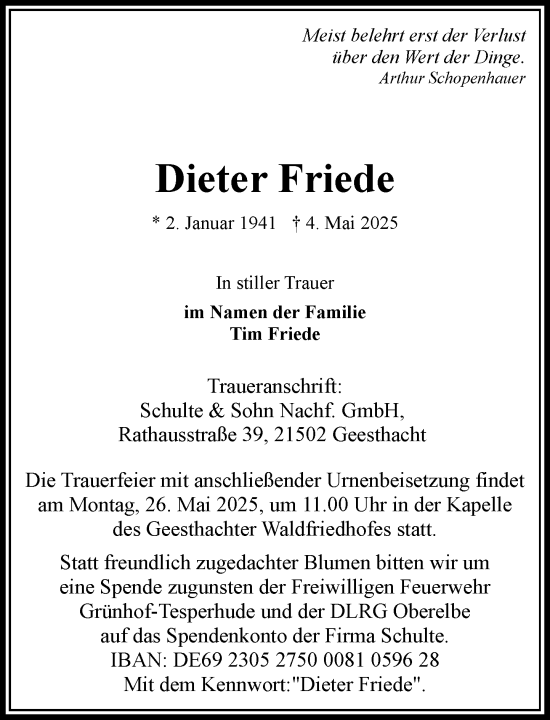 Traueranzeige von Dieter Friede von Wochenend Anzeiger