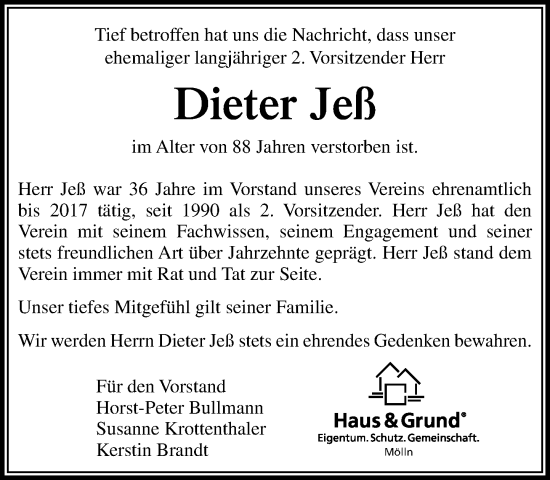 Traueranzeige von Dieter Jeß von MARKT Ratzeburg/Mölln