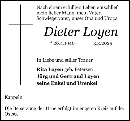 Traueranzeige von Dieter Loyen von Schleswiger Nachrichten, Schlei-Bote