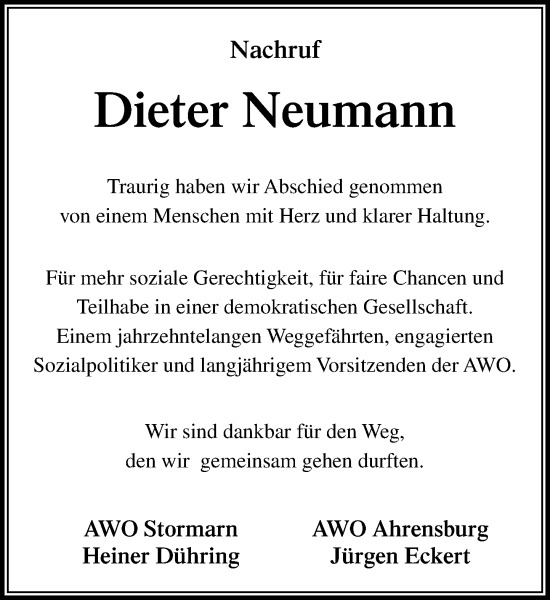 Traueranzeige von Dieter Neumann von MARKT Ahrensburg/Bargteheide/Trittau und Stormarner Tageblatt