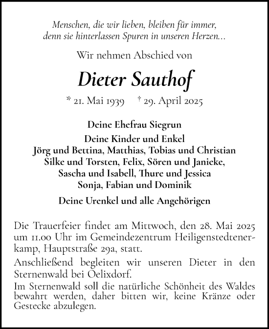 Traueranzeige von Dieter Sauthof von Norddeutsche Rundschau, Wilstersche Zeitung, Glückstädter Fortuna