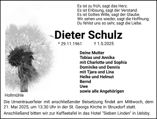 Traueranzeige von Dieter Schulz von Schleswiger Nachrichten, Schlei-Bote