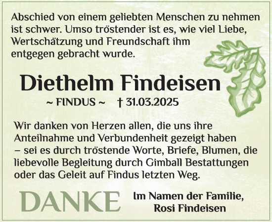 Traueranzeige von Diethelm Findeisen von Husumer Nachrichten, Nordfriesland Tageblatt