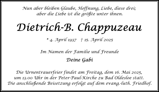 Traueranzeige von Dietrich-B. Chappuzeau von MARKT Bad Oldesloe/Reinfeld, MARKT Ahrensburg/Bargteheide/Trittau und Stormarner Tageblatt