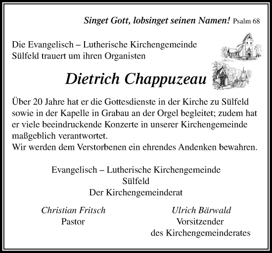 Traueranzeige von Dietrich Chappuzeau von MARKT Ahrensburg/Bargteheide/Trittau und Stormarner Tageblatt
