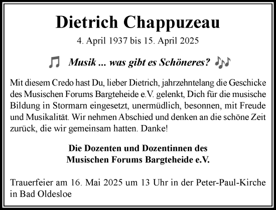 Traueranzeige von Dietrich Chappuzeau von MARKT Bad Oldesloe/Reinfeld, MARKT Ahrensburg/Bargteheide/Trittau und Stormarner Tageblatt