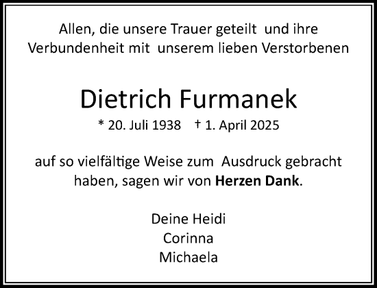 Traueranzeige von Dietrich Furmanek von MARKT Bad Oldesloe/Reinfeld und Stormarner Tageblatt