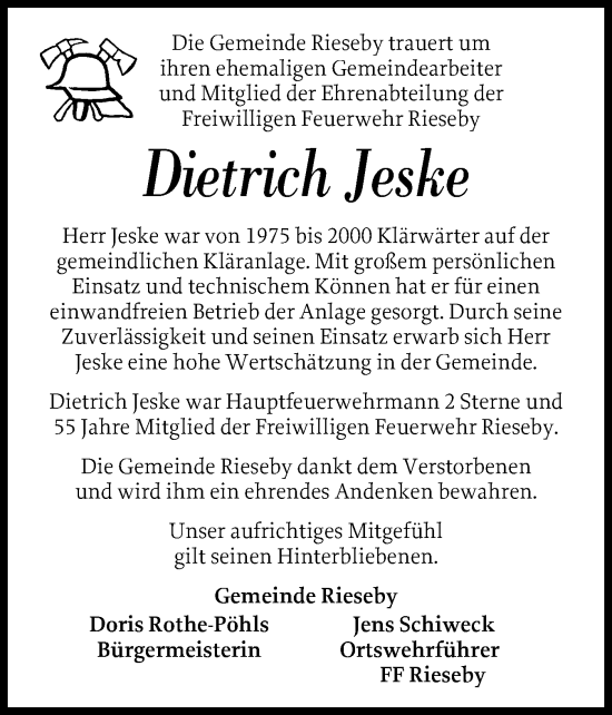 Traueranzeige von Dietrich Jeske von Eckernförder Zeitung, Hallo Eckernförde