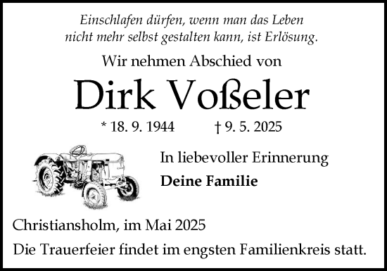 Traueranzeige von Dirk Voßeler von Schleswig-Holsteinische Landeszeitung