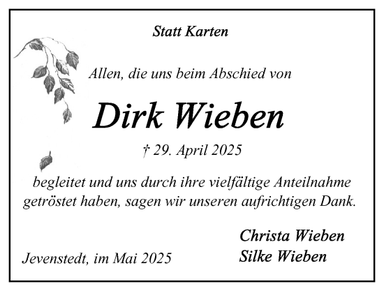 Traueranzeige von Dirk Wieben von Schleswig-Holsteinische Landeszeitung