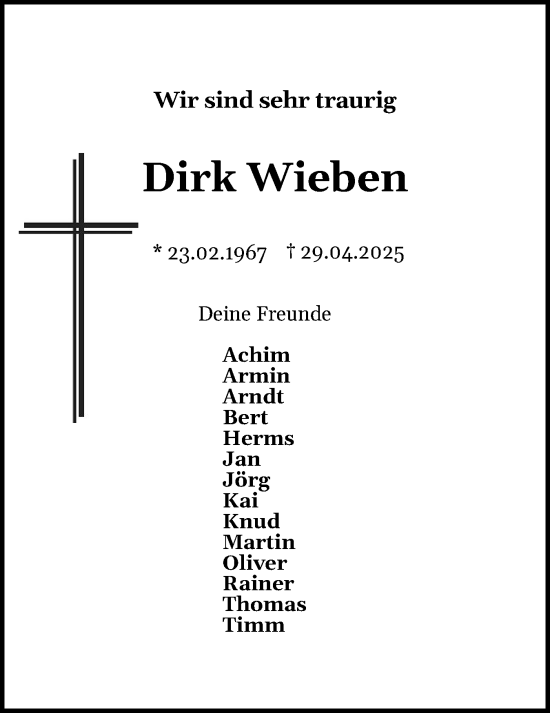 Traueranzeige von Dirk Wieben von Schleswig-Holsteinische Landeszeitung