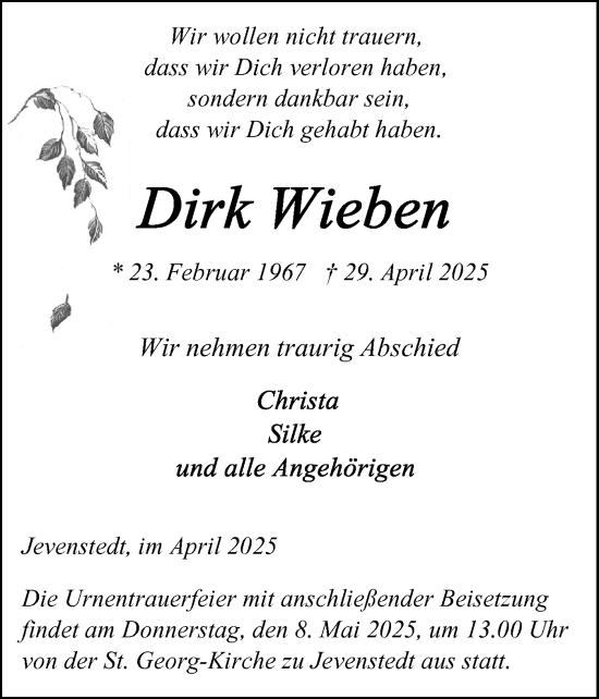 Traueranzeige von Dirk Wieben von Schleswig-Holsteinische Landeszeitung