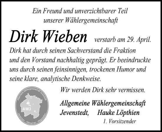 Traueranzeige von Dirk Wieben von Schleswig-Holsteinische Landeszeitung