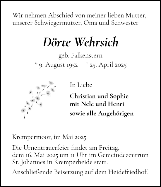 Traueranzeige von Dörte Wehrsich von Norddeutsche Rundschau, Wilstersche Zeitung, Glückstädter Fortuna