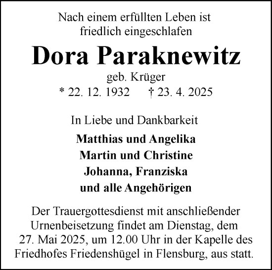 Traueranzeige von Dora Paraknewitz von Region Flensburg