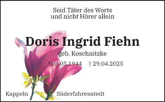 Traueranzeige von Doris Ingrid Fiehn von Schleswiger Nachrichten, Schlei-Bote