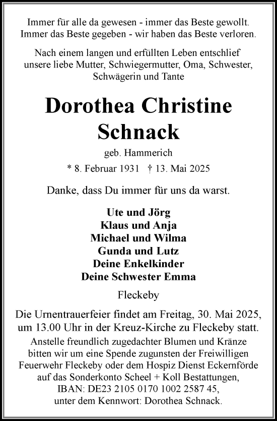 Traueranzeige von Dorothea Christine Schnack von Eckernförder Zeitung, Hallo Eckernförde