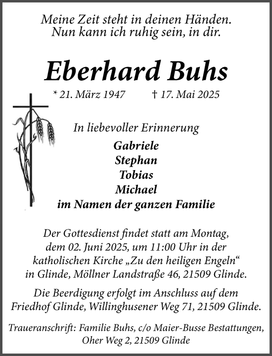 Traueranzeige von Eberhard Buhs von MARKT Glinde/Reinfeld