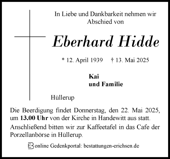 Traueranzeige von Eberhard Hidde von Flensburger Tageblatt