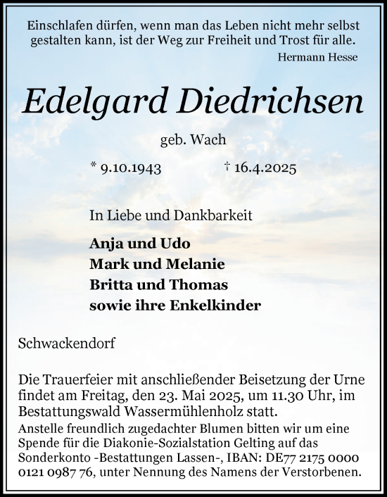 Traueranzeige von Edelgard Diedrichsen von Schleswiger Nachrichten, Schlei-Bote