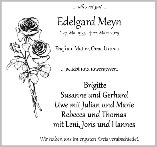Traueranzeige von Edelgard Meyn von Uetersener Nachrichten, Der tip am Wochenende