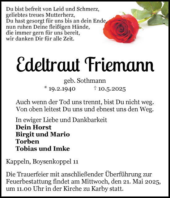 Traueranzeige von Edeltraut Friemann von Schleswiger Nachrichten, Schlei-Bote