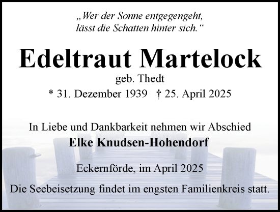 Traueranzeige von Edeltraut Martelock von Eckernförder Zeitung, Hallo Eckernförde