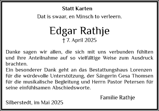 Traueranzeige von Edgar Rathje von Schleswiger Nachrichten, Schlei-Bote